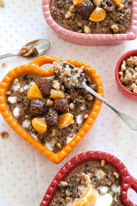 Baked Coconut Pepper Nut Oatmeal Recipe Healthy whole grain oatmeal breakfast with coconut milk and walnuts.