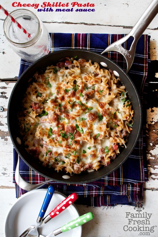 Cheesy Skillet Pasta with Meat Sauce recipe on FamilyFreshCooking.com